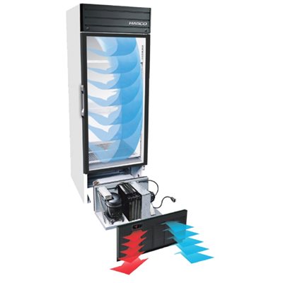 Freestanding medical refrigerator with glass door and digital display for temperature monitoring in laboratory or pharmacy