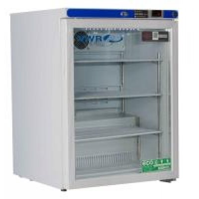 REF304 undercounter medical refrigerator with glass door, digital controls, and adjustable shelves for lab or clinical storage