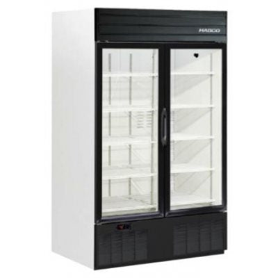 Freestanding medical refrigerator with digital temperature display, glass doors, and adjustable shelves for clinical and laboratory cold storage