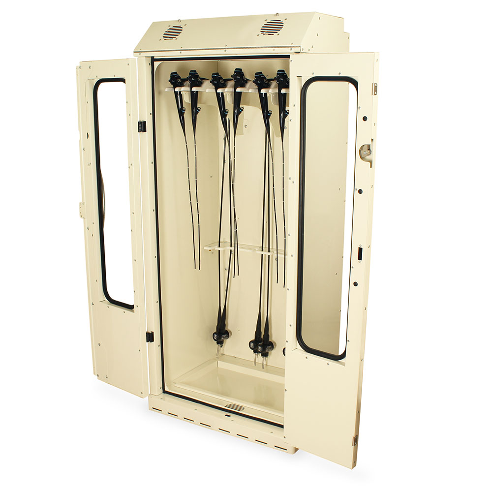 Open SureDry small scope drying cabinet showing bronchoscopes mounted inside