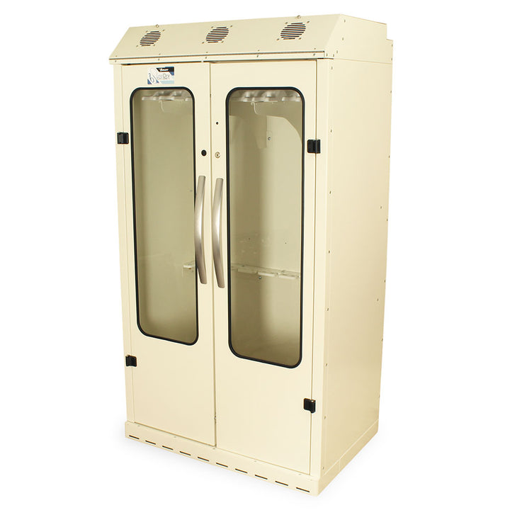 Front angled view of small scope drying cabinet with glass doors closed