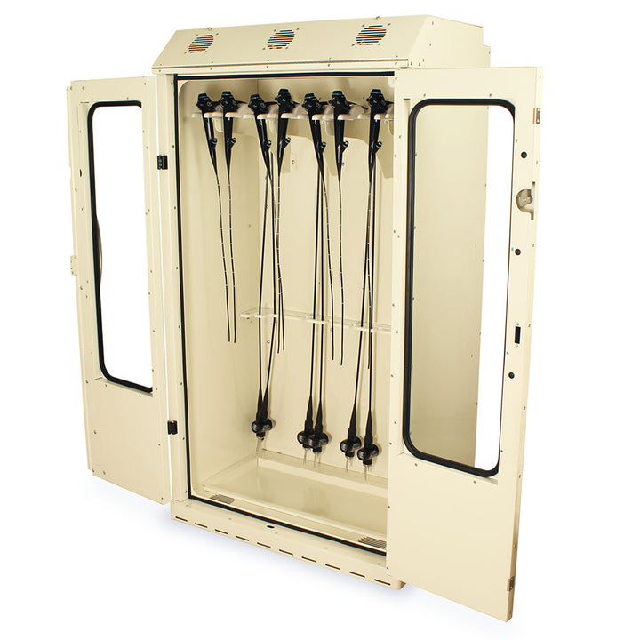 14-scope small scope storage cabinet with scopes shown hanging inside