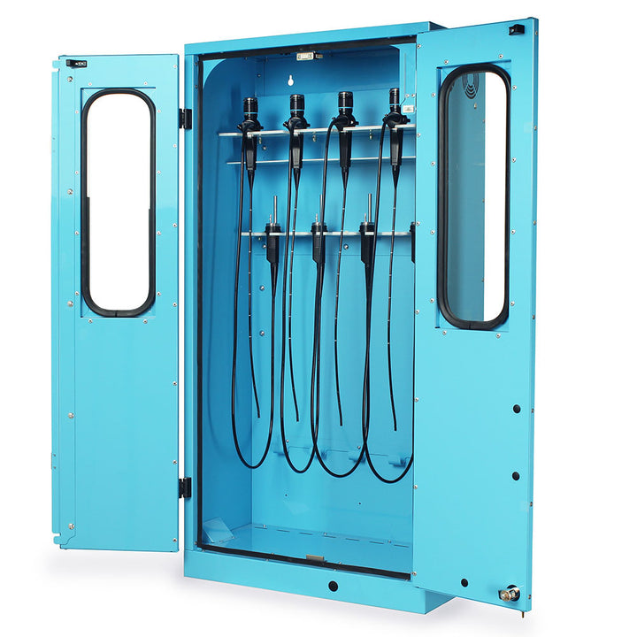 Bronchoscope storage cabinet open with scopes hanging inside