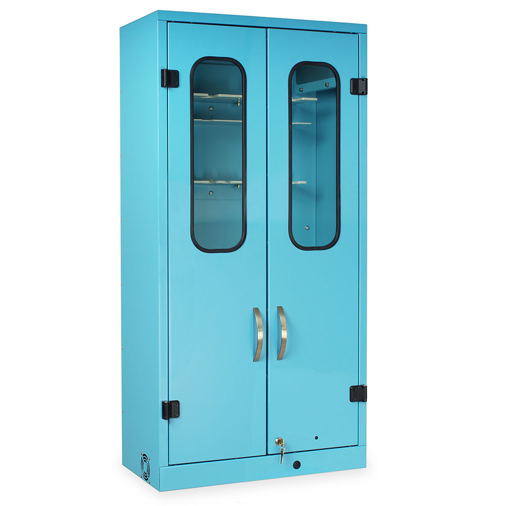 Wall-mounted bronchoscope storage cabinet with glass doors closed
