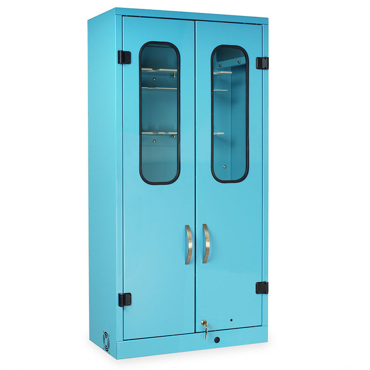 Wall-mounted bronchoscope storage cabinet with glass doors closed