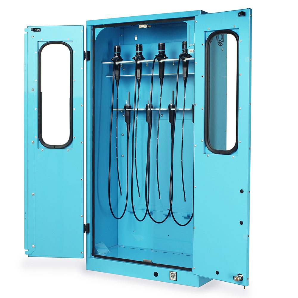 Bronchoscope drying cabinet open showing vertically hanging scopes