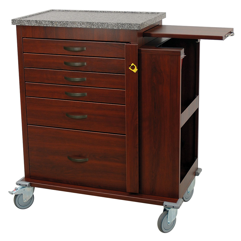 Tall wood vinyl medical cart with side cabinet, six drawers, wood-look breakaway lock and granite-look top