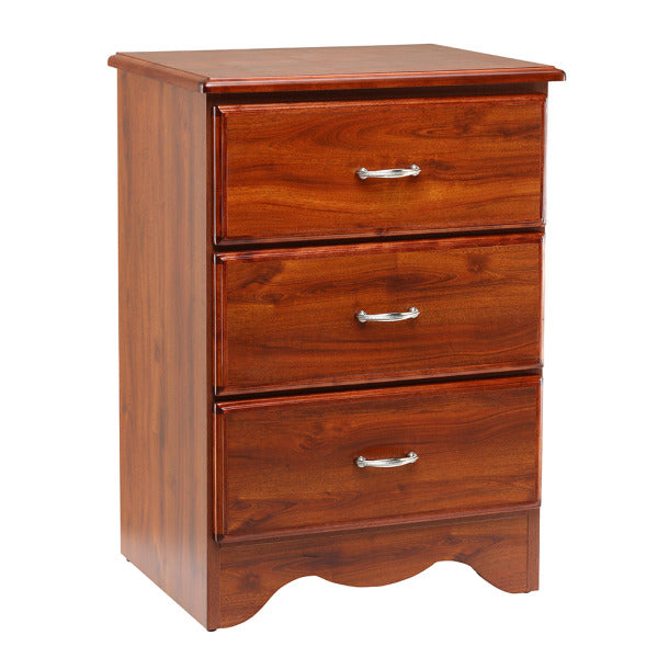 3 Drawer Bedside Cabinet - durable medical bedside cabinet with 3 drawers, high-pressure laminate top, solid wood edges, ventilated back, 1 per box