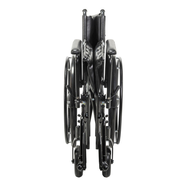 Top view of Sentra EC Wheelchair highlighting wide 24-inch seat, dual-axle positioning, and polyurethane tires on composite wheels