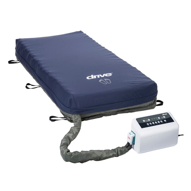 PreserveTech Harmony Tri-Therapy mattress system full view showing digital pump and blue antimicrobial stretch cover for pressure ulcer prevention