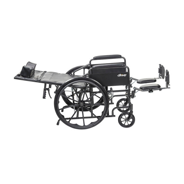 Side view of Silver Sport Reclining Wheelchair featuring full recline functionality and adjustable elevating leg rests