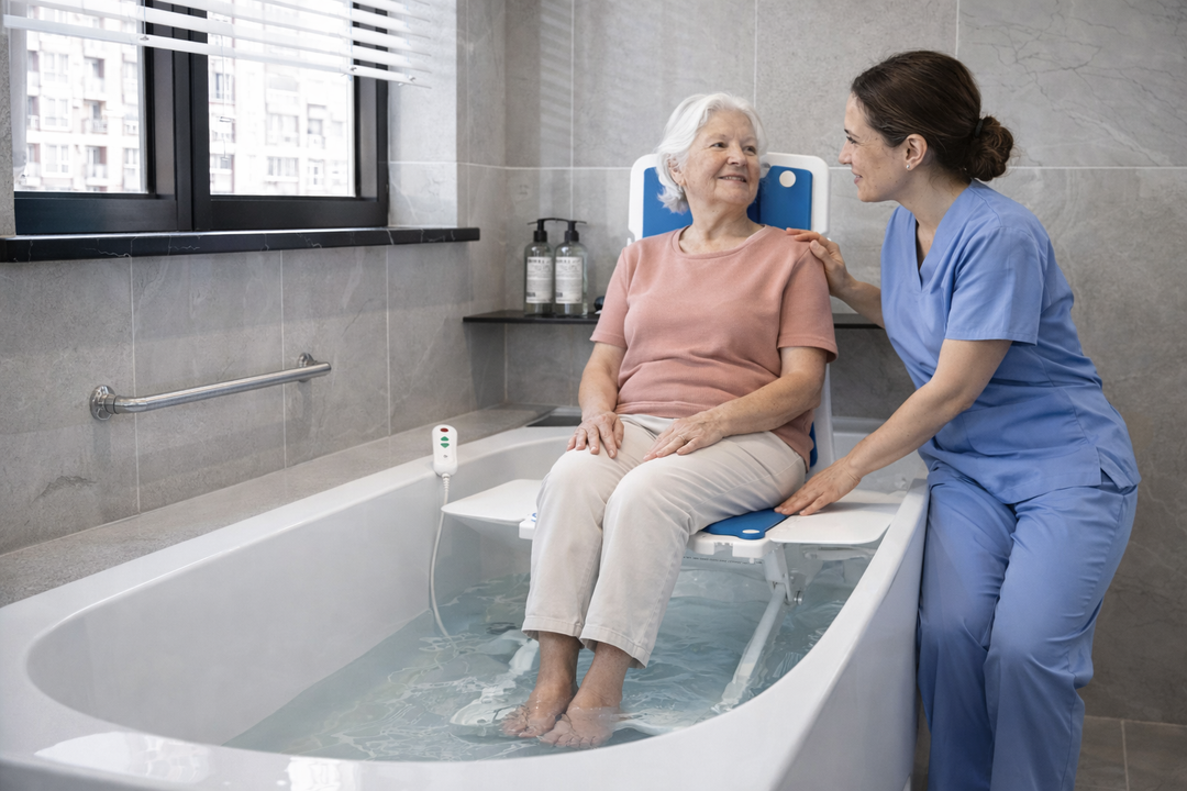 Bridge battery powered bath lift in standard bathtub