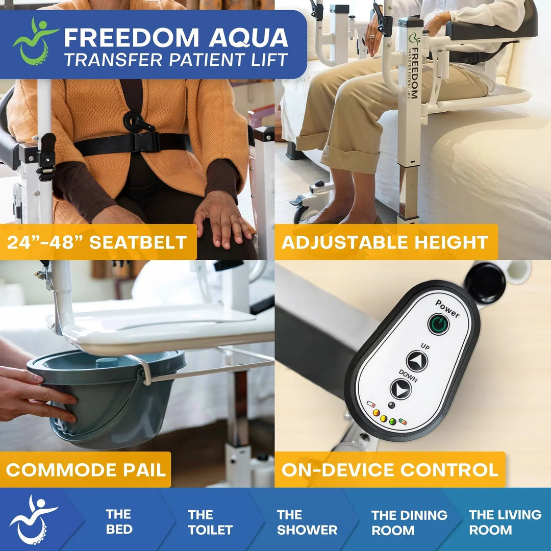 Caregiver using a wireless remote control to adjust the seat height of a portable patient lift during a bedside-to-chair transfer.