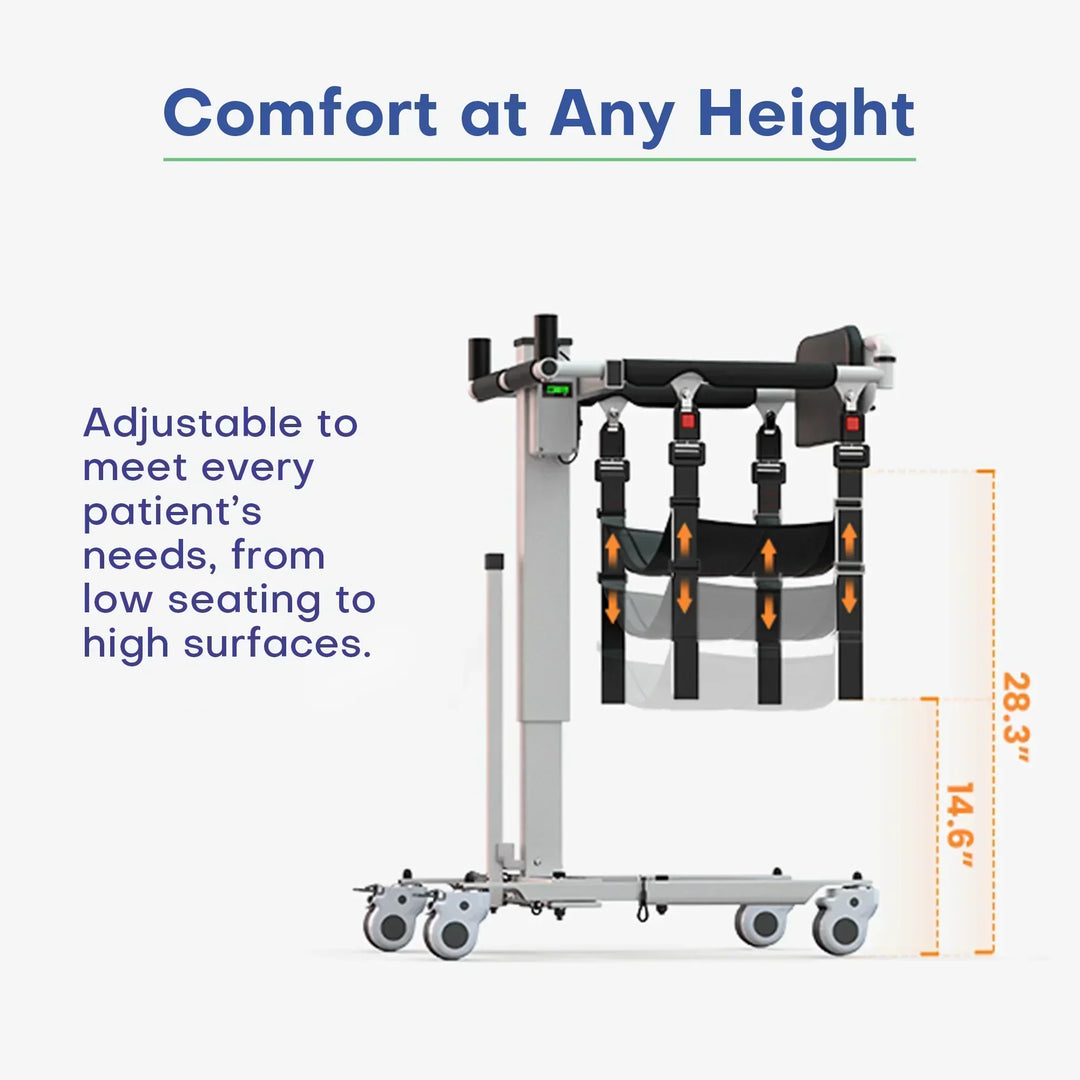 A family caregiver using the Freedom EveryLift to safely move a senior from a bed to a lift chair in a home setting.