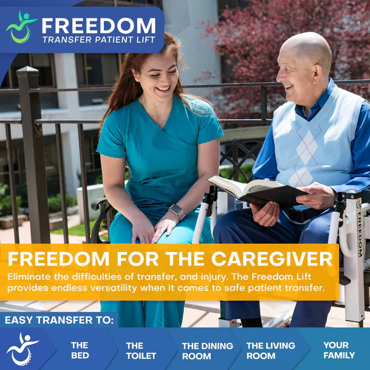 effortlessly using the Freedom Lift to help the patient transfer from their home into the passenger seat of an SUV for a weekend trip.