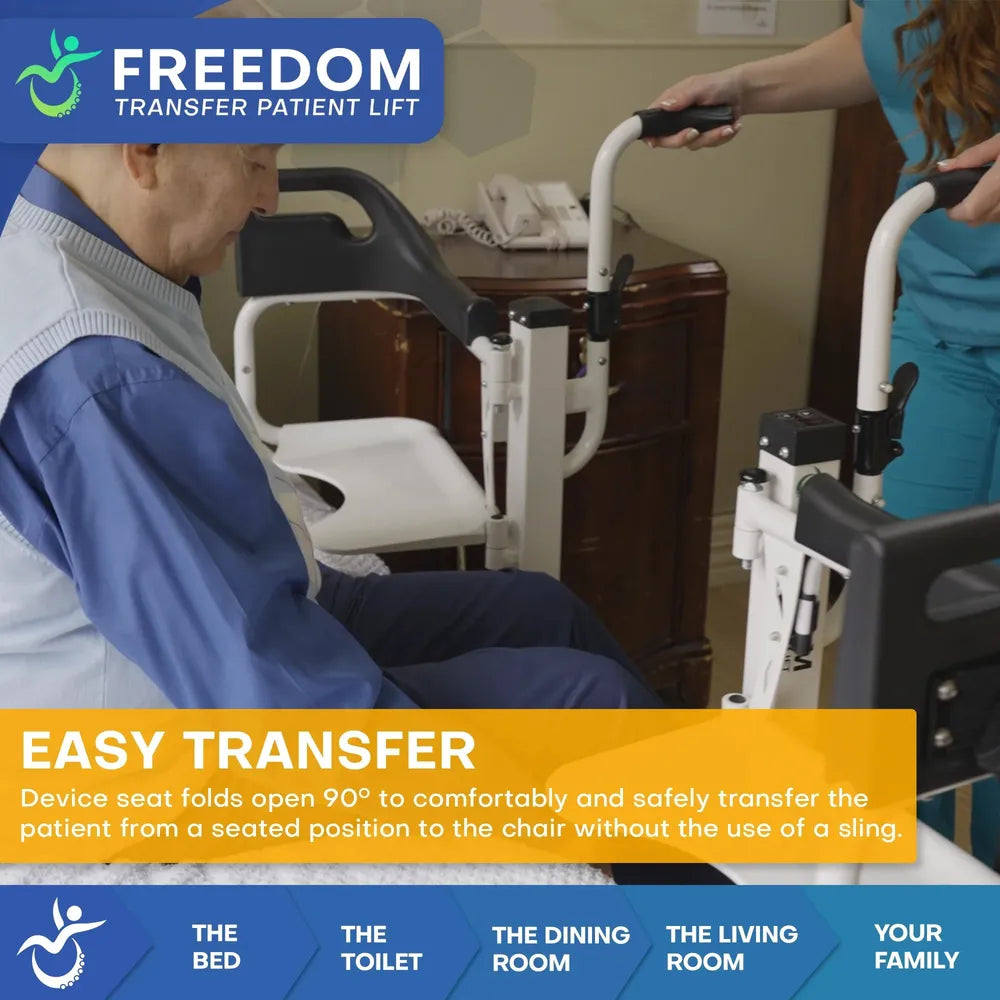 A family caregiver preparing a bedroom with the Freedom Lift for a patient returning home after hip surgery.