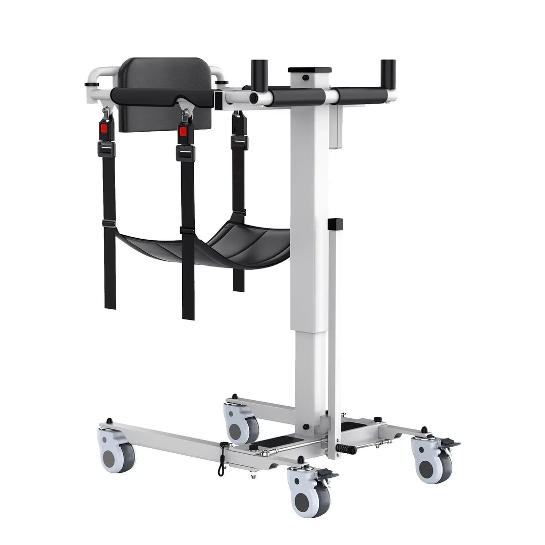 A healthcare professional in a Canadian long-term care facility using a powered patient lift to safely transfer a resident.