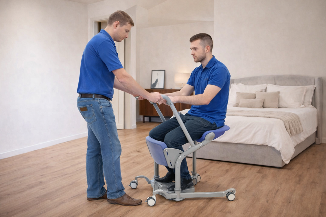 physiotherapist using sit-to-stand lift during rehab session