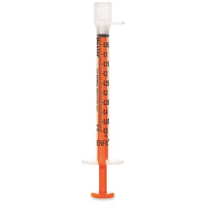 Clear 0.5?mL enteral syringe with ENFit connector and orange plunger