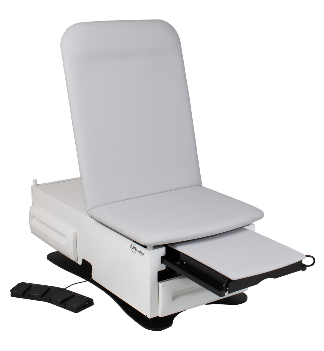 FusionONE examination table featuring integrated paper roll holder and plastic drain pan – functional design