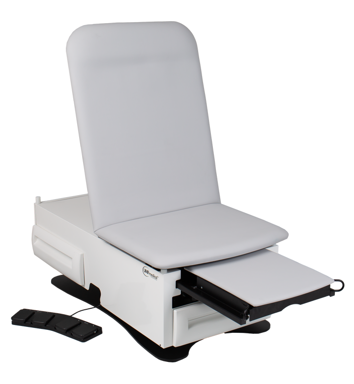 FusionONE examination table featuring integrated paper roll holder and plastic drain pan – functional design