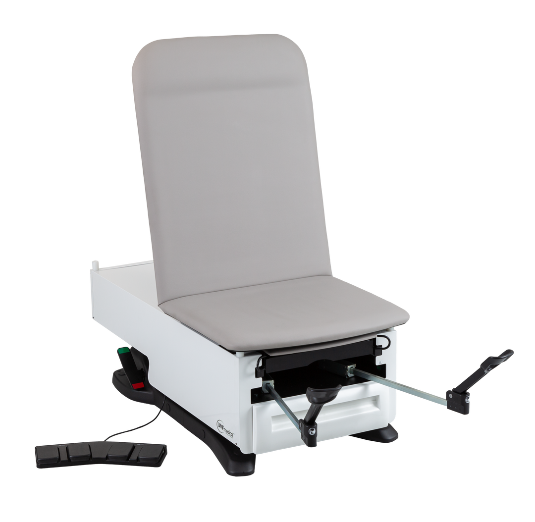 Power exam table with two-function foot control and heavy-gauge steel leg extension – sturdy build