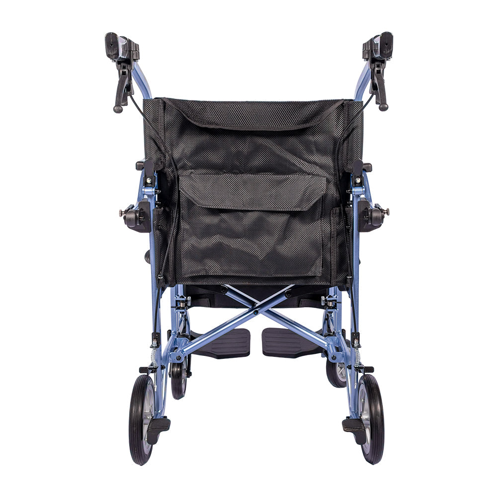 MPL Ultra-Fold transport chair front view with padded seat and attendant brakes