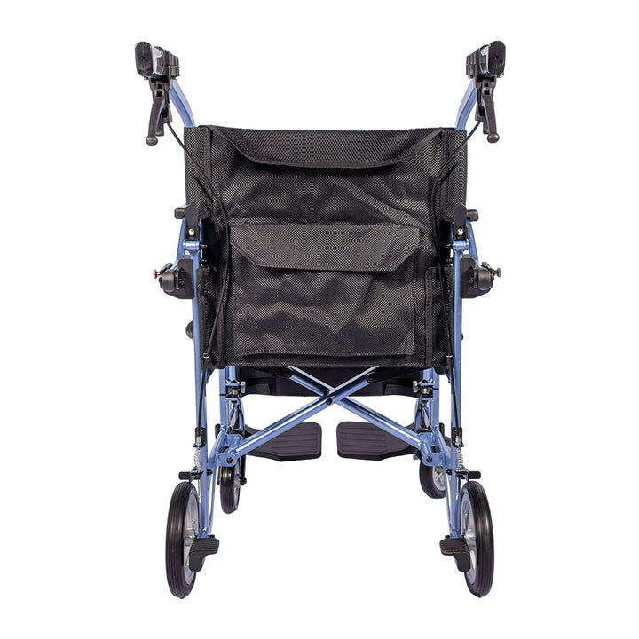 MPL Ultra-Fold transport chair front view with padded seat and attendant brakes