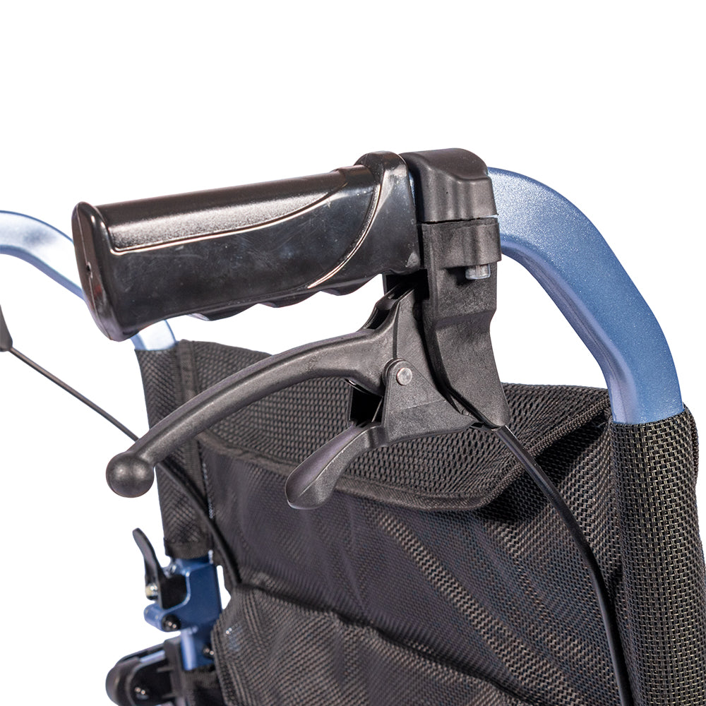 MPL Ultra-Fold transport chair side view with flip up footrests and rear wheels