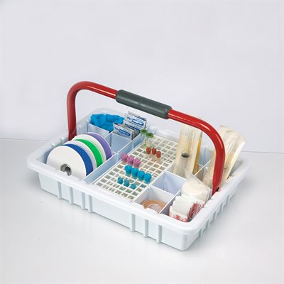 Phlebotomy supply carrier with compartments and 90-slot tube rack, 16.5x3x12 inches