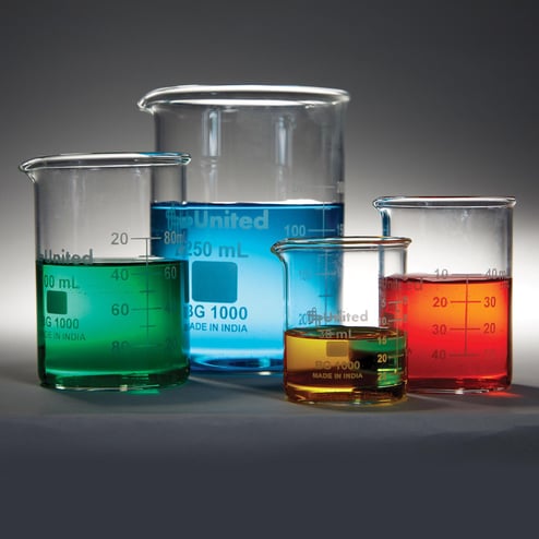 Small Beaker Kit with glass beakers in multiple capacities and white enamel scales