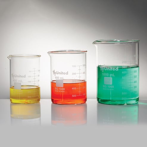 Large glass beaker set showing six graduated beakers with white enamel scales