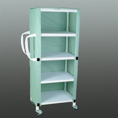 PVC cart with 4 shelves and solid flame-resistant vinyl cover. 300 lb capacity, locking casters. 33?W x 65½?H x 20?D. Assembly required.