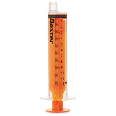 Clear 12?mL enteral syringe with ENFit connector and orange plunger
