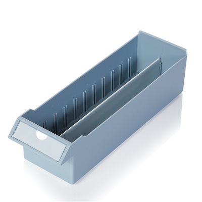 Cassette bin measuring 3x2.5x10 inches with front label slot and included bin lens