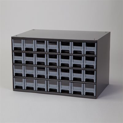 Cassette unit with 28 slim storage drawers in blue, ideal for organizing supplies in clinics and medical stations