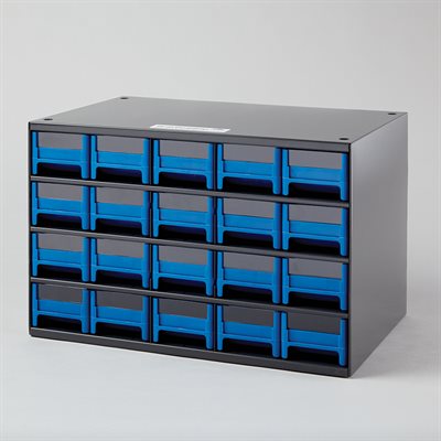 20-drawer cassette organizer with compact bins, ideal for medical or office supply storage in blue or gray frame