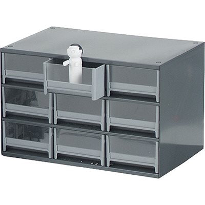 9-drawer storage cabinet with polystyrene bins and powder-coated steel housing for organized supply storage