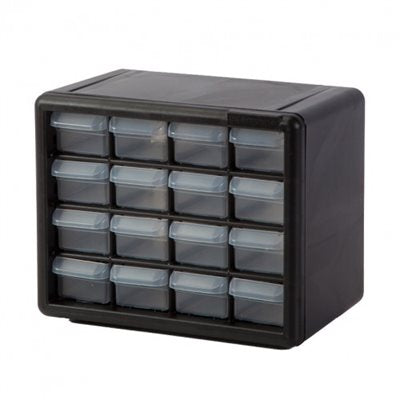 Durable 16-drawer plastic cassette unit with stackable tray top, wall-mount keyholes, and semi-clear drawers. Ideal for organized supply storage.