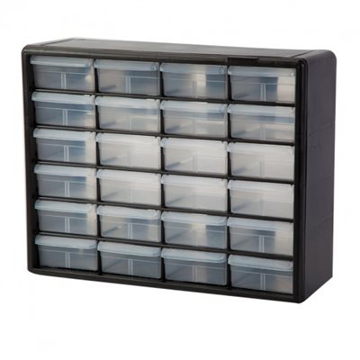 24-drawer plastic floor stock cassette with semi-clear drawers and durable black polystyrene frame