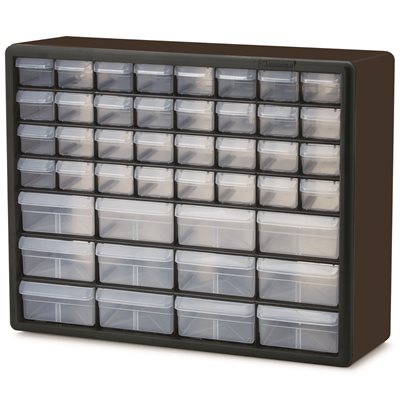 44-drawer plastic floor stock cassette with black rugged frame and semi-clear drawers for organized storage