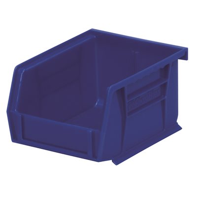 Small blue 4x3x5 Akro Bin with reinforced sides and label slot, stackable and chemical-resistant for compact storage needs