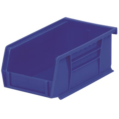 Durable 4x3x7 Akro Bins in blue, stackable with label slot, ideal for industrial storage – 24 per case