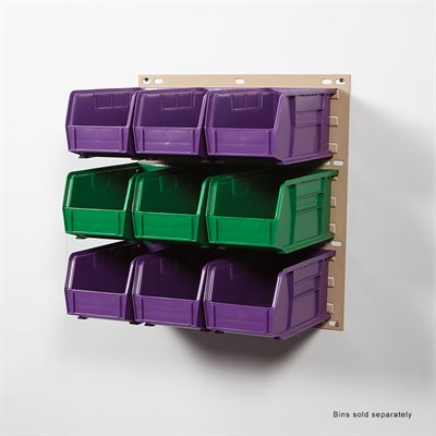 Small louvered bin panel measuring 18 inches wide by 19 inches high for wall-mounted bin storage
