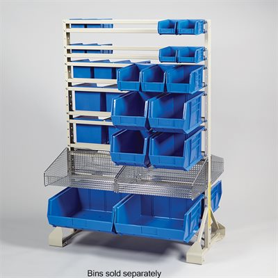 Double-sided bin rack with 16 rails, powder-coated steel frame for heavy-duty storage