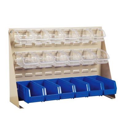 Countertop storage rack for medical bins with high capacity and removable trays for hospital or clinic use
