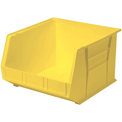 Akro Bin 16.5x11x18 heavy-duty yellow storage bin with reinforced sides and label slot, ideal for industrial use