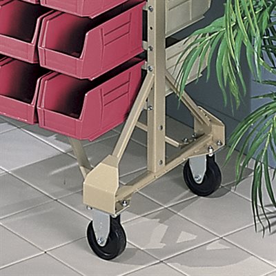 Mobile kit with handles and swivel casters for converting 1427 bin rack into a mobile storage unit
