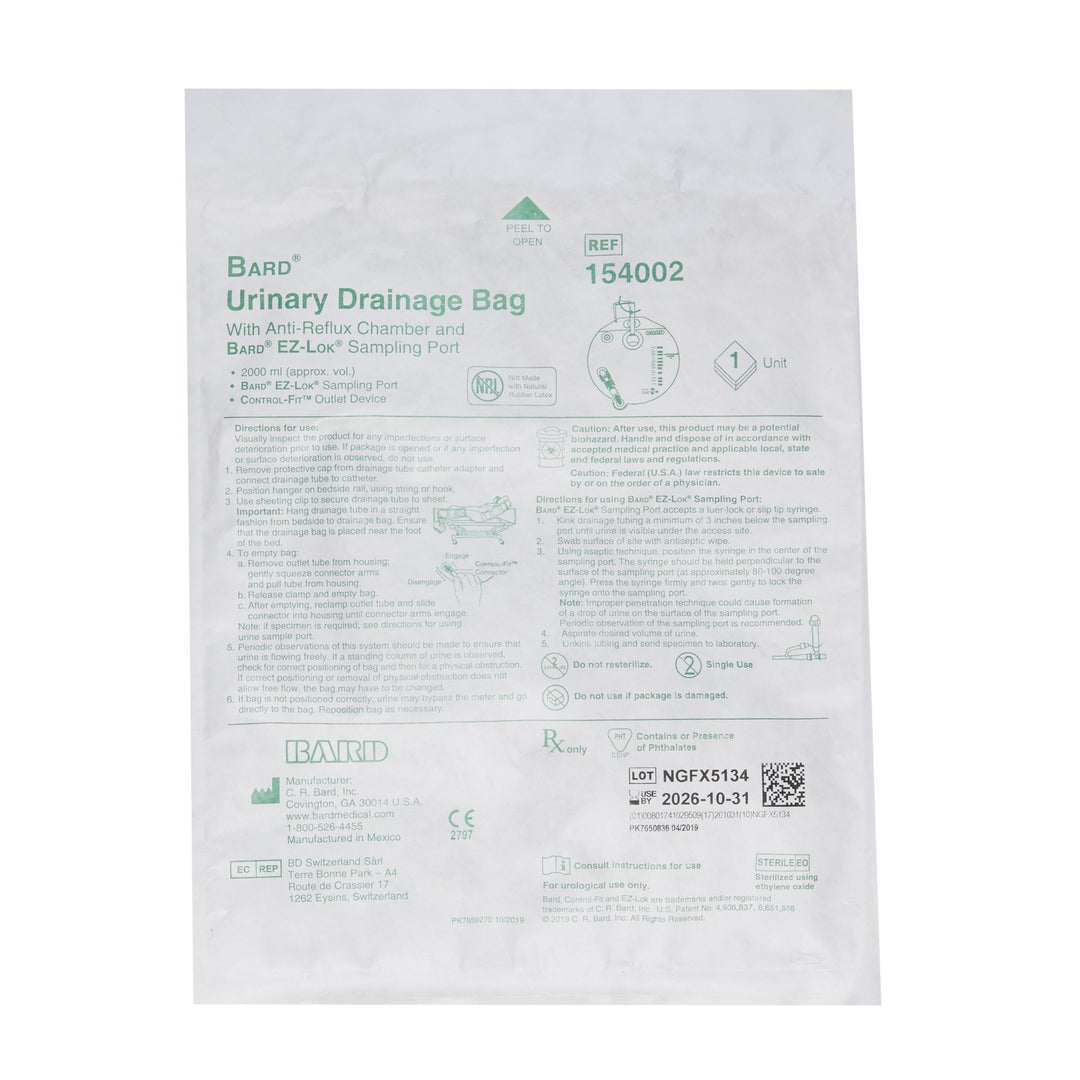 Urinary Drain Bag Bard® Anti-Reflux Valve Sterile 2000 mL Vinyl
