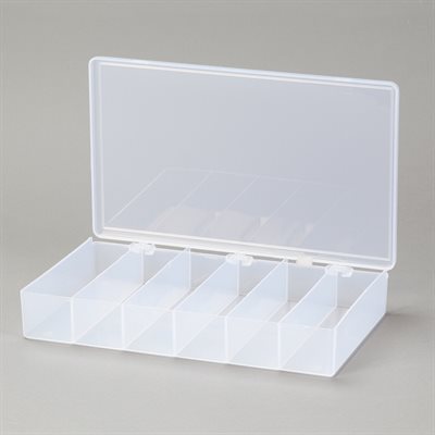 Plastic utility box, 11x2x7 inches, with 6 compartments and polypropylene construction